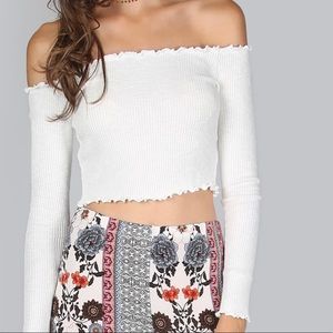 White off shoulder ribbed crop top lettuce edge